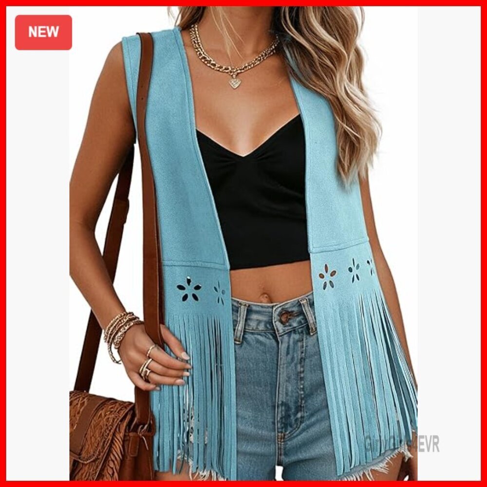 Large Faux Suede Fringe Vest Sleeveless Western Boho Outerwear